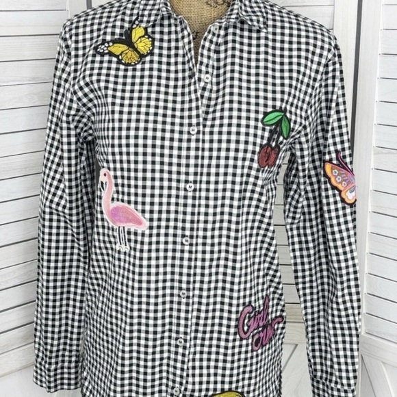 H&M Shirt Women Size 2 Black White Sequin Appliqué Gingham Check Button Front - Picture 2 of 8